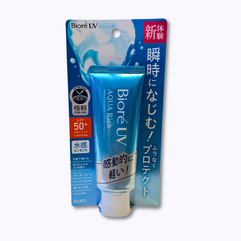 Biore UV Aqua Rich Watery Essence SPF 50+ PA++++ – Non-sticky, hydrating sunscreen with hyaluronic acid for face and body